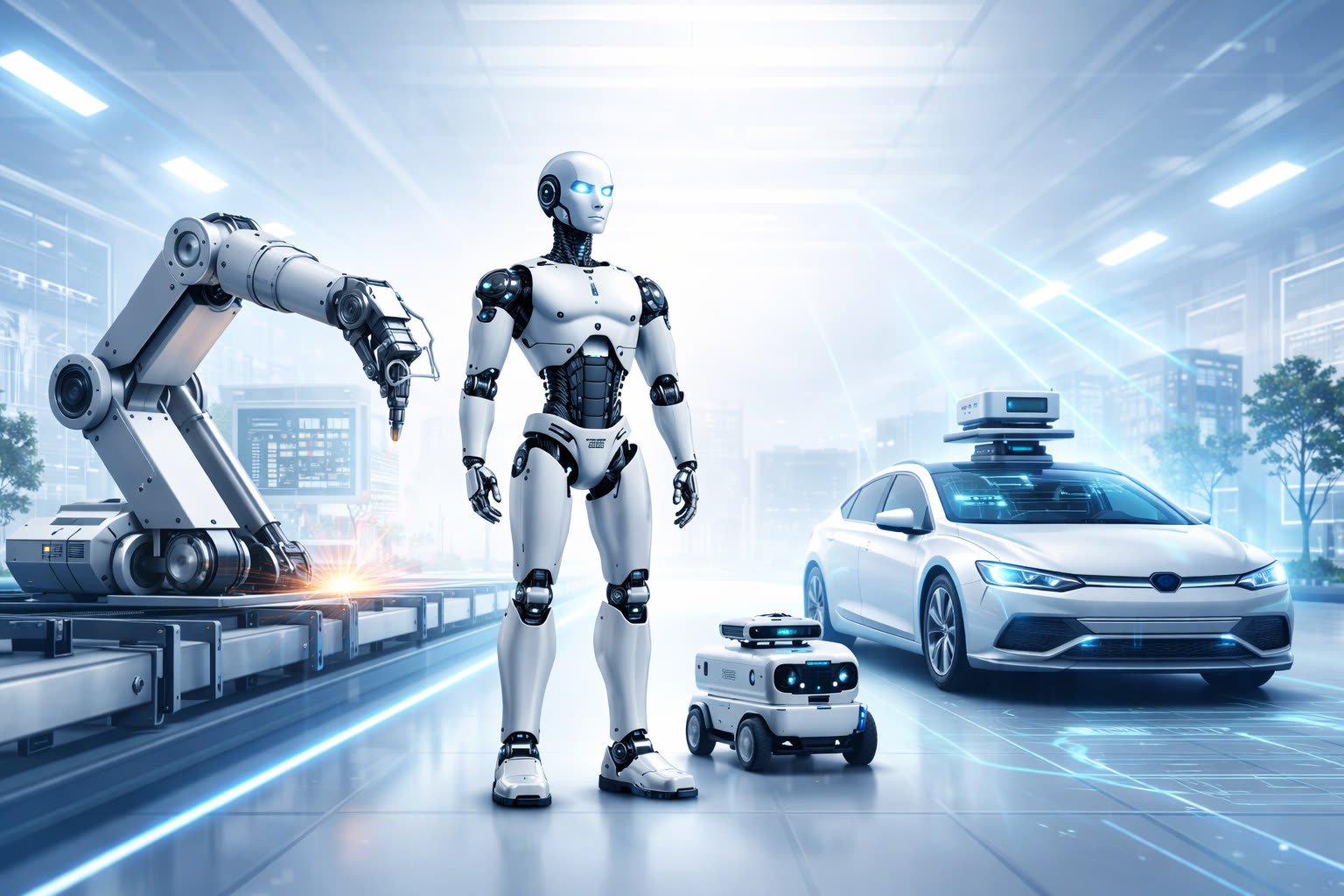 A humanoid robot, a delivery robot, and a self-driving car on a factory floor, representing robotics and physical AI